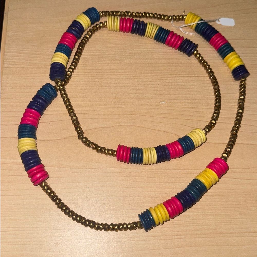 VINTAGE Colorful Beaded Necklace - Pink Yellow Blue Gold Beaded Long or Doubled